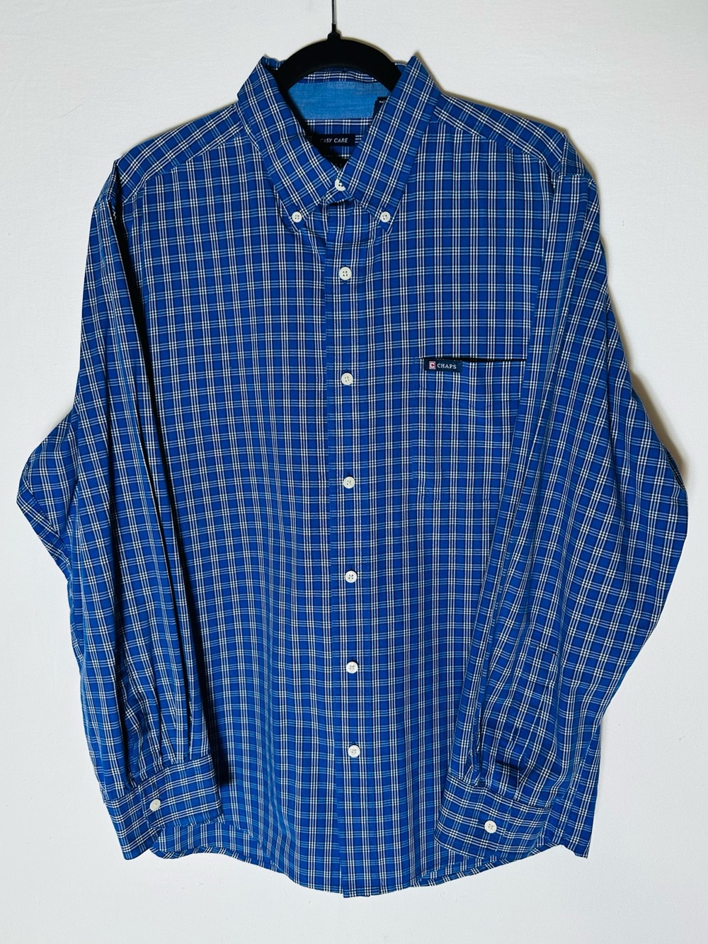 Chaps Easy Care Blue White Plaid Long Sleeve Button Down Shirt L Dadcore Retro